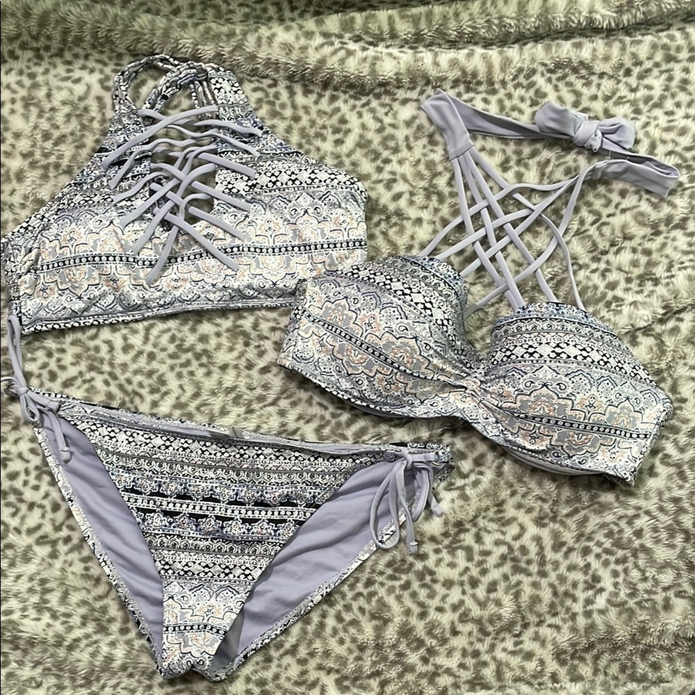 Ambrielle Blue and White Patterned Bikini Set